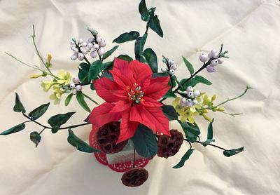 Poinsettia,Winter Jasmine, Snow Berries, Dried Lotus Pods - Cake by Goreti