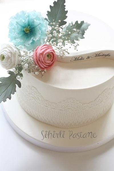 Blue Kiku Sakura and Ranunculus Cake - Cake by Sihirli Pastane