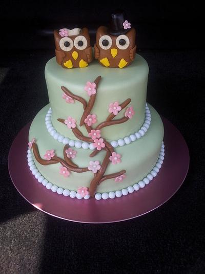 2 Owls and Cherry Blossom Wedding - Cake by Dayna Robidoux