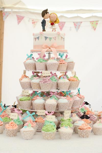 Pretty Bunting Theme Wedding Cake and Cupcakes - Cake by Sugar & Bows