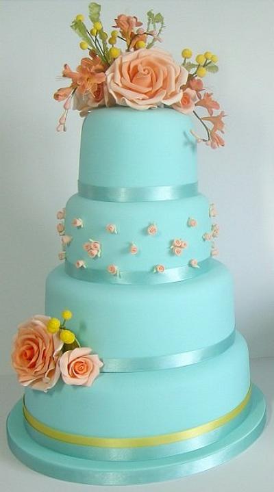Blue cake with orange roses and freesias, and mimosas - Cake by ClearlyCake