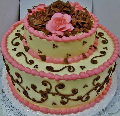 Pink & chocolate brown roses and scrollwork - Cake by Nancys Fancys Cakes & Catering (Nancy Goolsby)