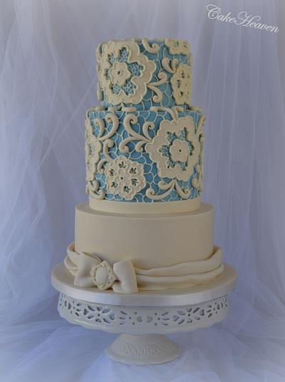 Blue and Ivory Lace Cake - Cake by CakeHeaven by Marlene