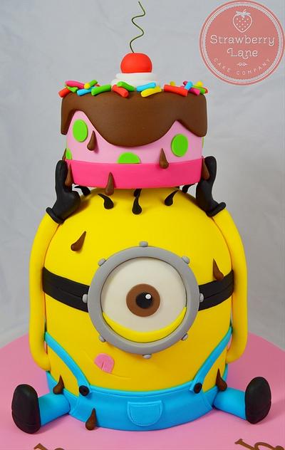 Minion balancing a birthday cake on his head! - Cake by Strawberry Lane Cake Company
