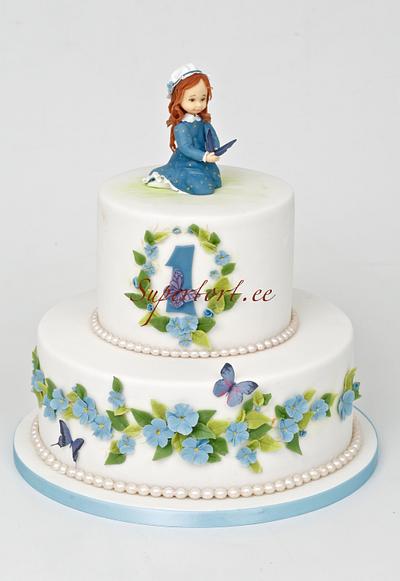 Girl in blue with flowers and butterflies - Cake by Olga Danilova
