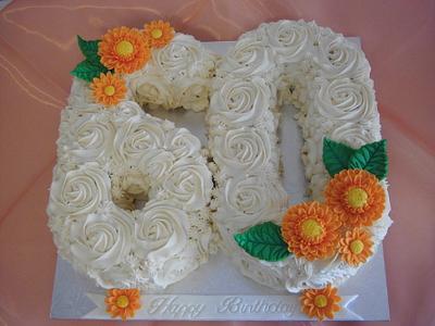 60th Birthday with Gerberas and Rosettes - Cake by Michelle