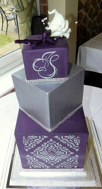 3 Tier Cube wedding cake in purple and silver - Cake by barbscakes