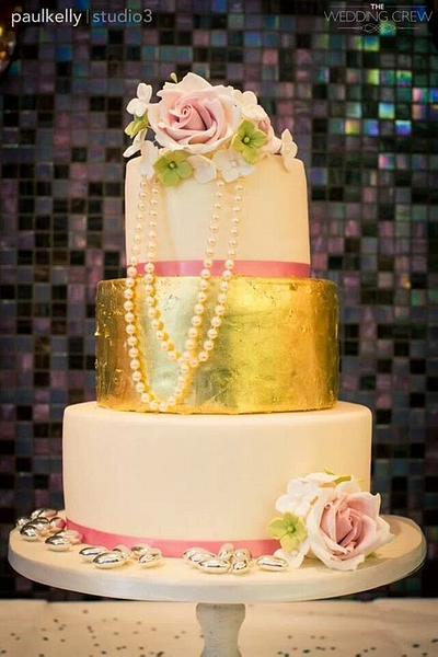 roses and gold leaf wedding cake - Cake by onceuponatimecakes