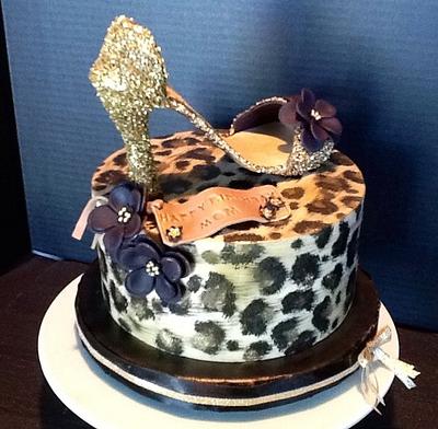 Leopard print cake with gold sparkly shoe and cupcake tower - Cake by The Vagabond Baker