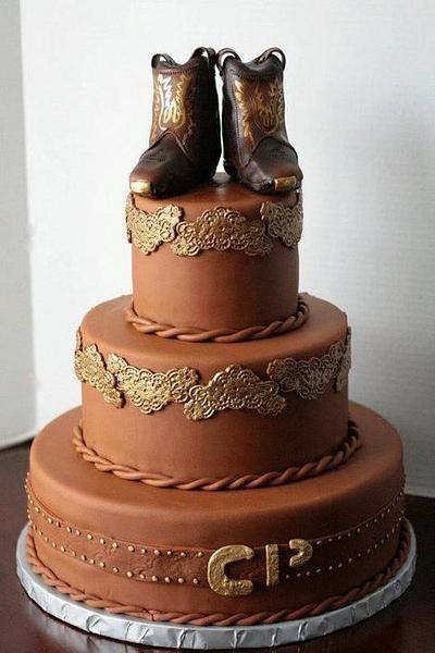 Cowboy wedding cake with edible boots on top. - Cake by Sweet Life of Cakes