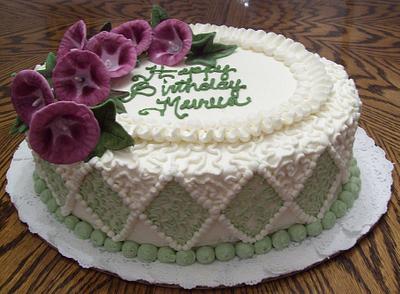 Oval Birthday Cake with Diamonds and Morning Glories - Cake by Linda Wolff