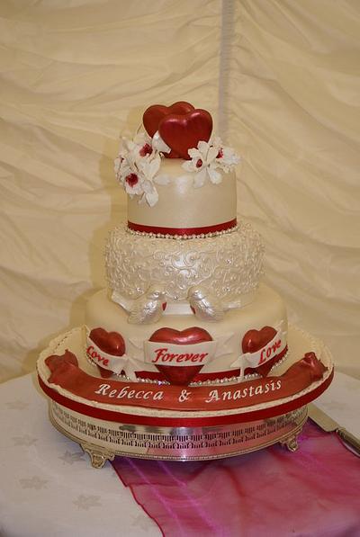 White Chocolate Love Birds and Tattoo inspired Love hearts with Banner - Cake by Kelly Anne Smith