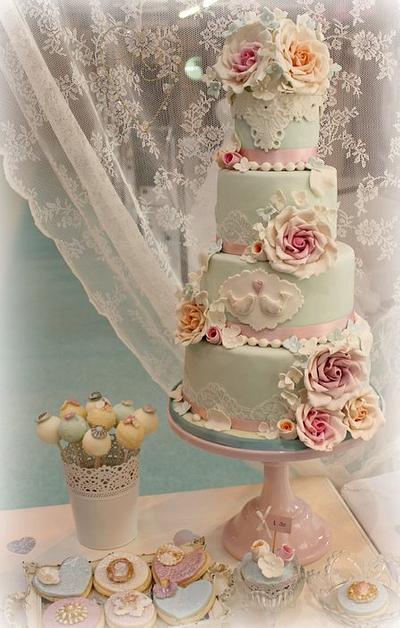 Duck egg blue 4 tier wedding cake - Cake by Diane Hunt