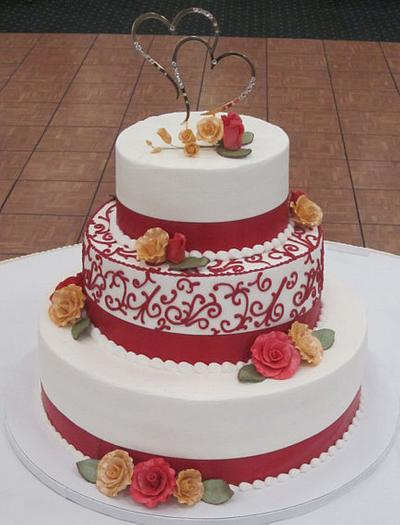 3 tier, red scroll work - Cake by Steel Penny Cakes, Elysia Smith