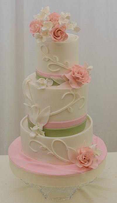 Wrapped Wedding Cake with Pink and Sage Accents - Cake by Sugarpixy