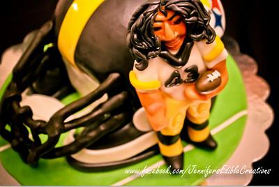Steelers football helmet cake with player figurine - Cake by Jennifer's Edible Creations