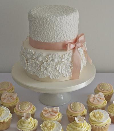 Peach and White Chocolate Wedding Cake and Cupcakes  - Cake by Sugar Ruffles