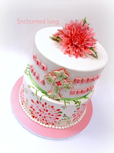 Christening cake with dahlias - Cake by Enchanted Icing