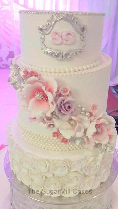 3 tiered pearls and peonies vintage wedding cake - Cake by sugarmillcakes