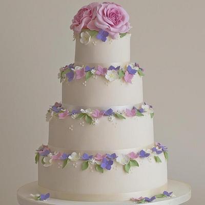 Pink rose bloom and hydrangea wedding cake - Cake by Samantha Tempest