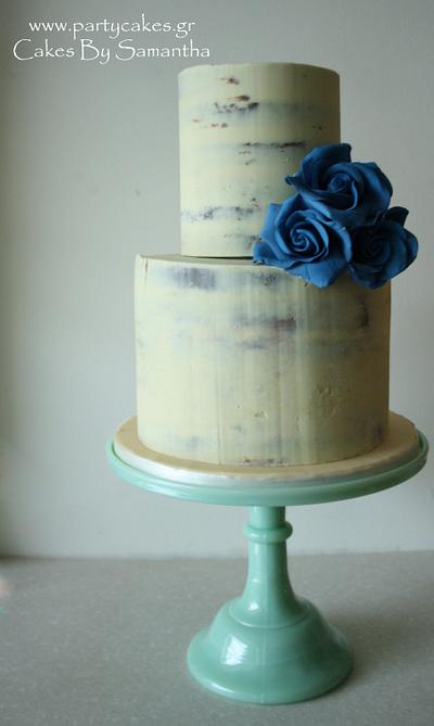 Simple semi-naked cake with blue roses - Cake by Cakes By Samantha (Greece)