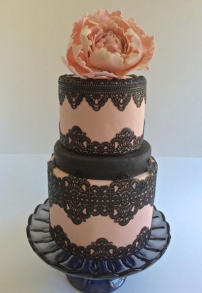 pink fondant cake with black lace - Cake by DreaminDesserts