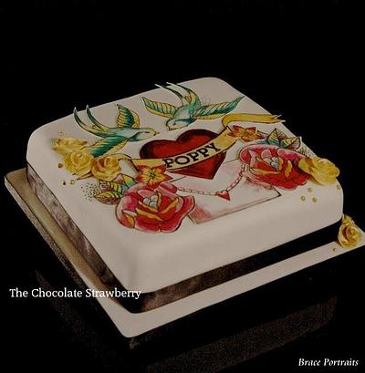 Hand painted tattoo cake with 3D gold roses - Cake by Sarah Jones