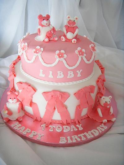 Pink & White Teddies, Blossoms & Bows 1st Birthday Cake - Cake by Christine