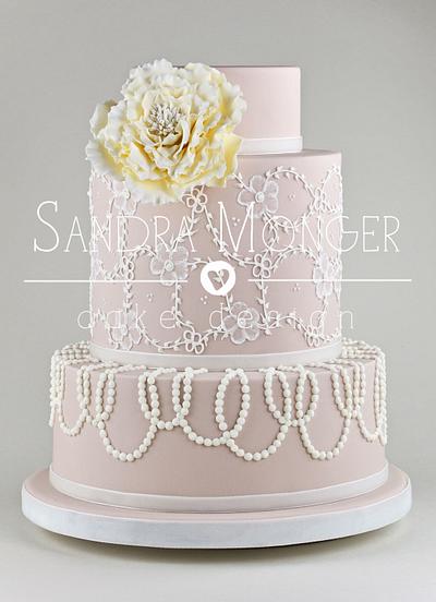 Nude lace and bead piped wedding cake - Cake by Sandra Monger