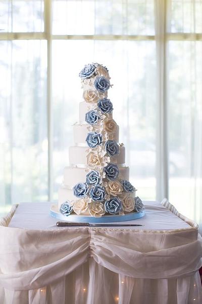 Ivory and Baby blue 6 tier roses cascade - Cake by Carrie clark