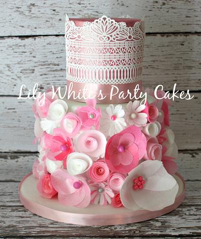 Wafer Paper Flower and Lace Cake - Cake by Lily White's Party Cakes
