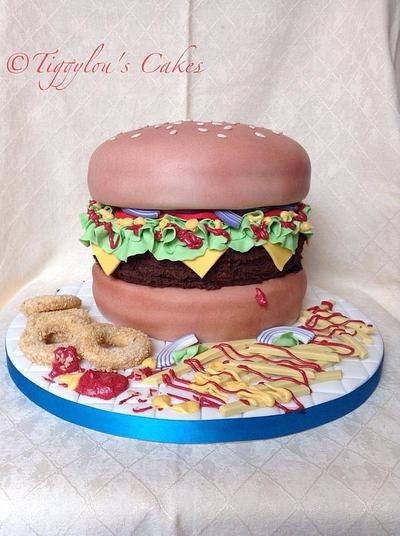Burger and onion rings  - Cake by Tiggylou's cakes 