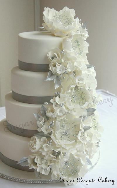 White and Silver Peony Cake - Cake by Ivone - Sugar Penguin Cakery