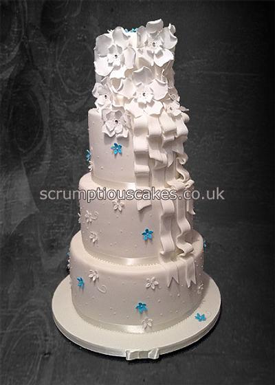 White & Teal Fantasy Flowers & Ribbon Wedding Cake - Cake by Scrumptious Cakes