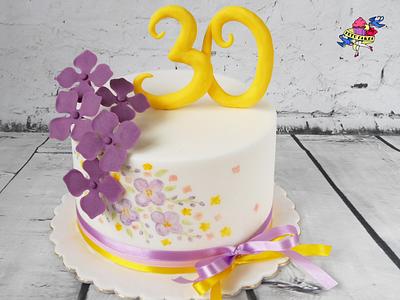 Cake for 30, violet and yellow, handpainted - Cake by Petra Krátká (Petu Cakes)