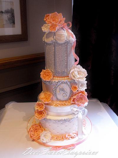 Coral, white and silver Birdcage wedding cake - Cake by Dee