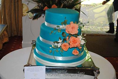 Turquoise & Coral Wedding Cake - Cake by Curvey Cakes