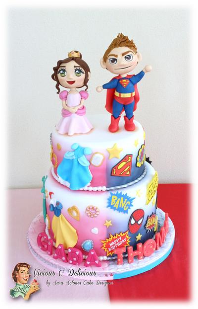 Princess/Heroes twin cake - Cake by Sara Solimes Party solutions