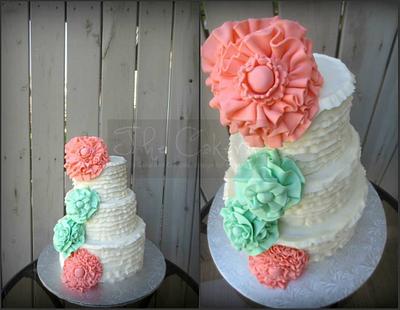 Coral and Seafoam wedding ruffles - Cake by The Cakery 