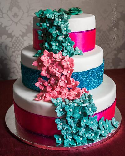 Pink & Turquoise Flower Cascade 3 Tier Cake - Cake by CakesAtRachels