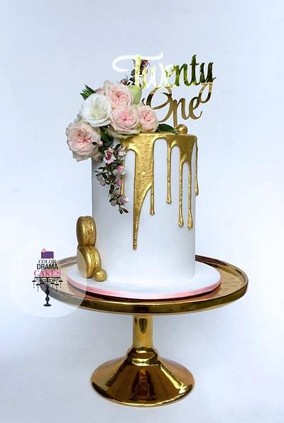 Gold drip cake with fresh flowers - Cake by Color Drama Cakes
