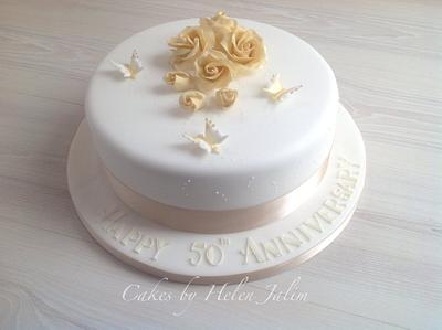 Gold Roses with white and gold royal iced butterflies - Cake by helen Jane Cake Design 