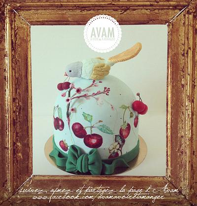 vintage bird cherry paintedcake - Cake by Lisa Abauzit