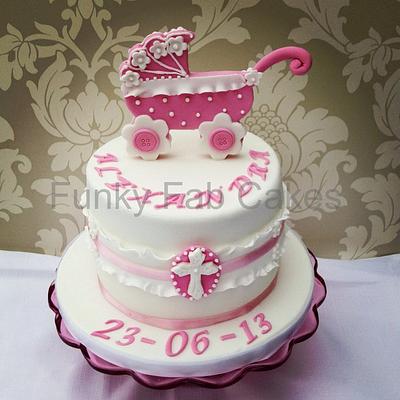 Girls christening cake with Baby pram topper - Cake by funkyfabcakes