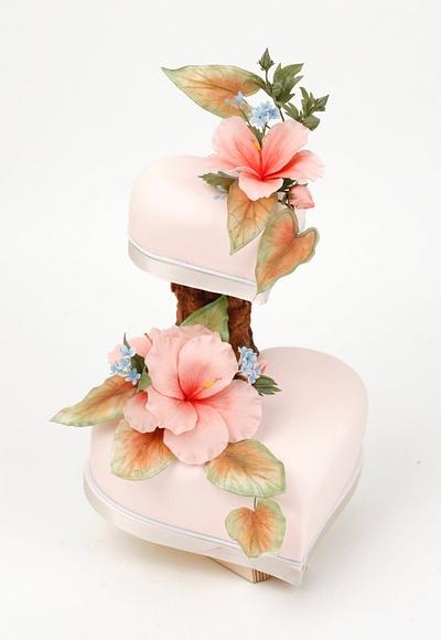 2 Hearts cake and hibiscus bouquets - Cake by Olga Danilova