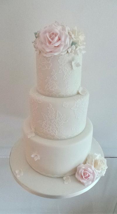 Blush Roses & Lace Wedding Cake - Cake by TiersandTiaras