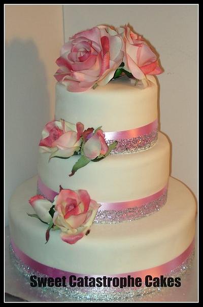 3 tier round Wedding Cake with pink roses - Cake by Sweet Catastrophe Cakes