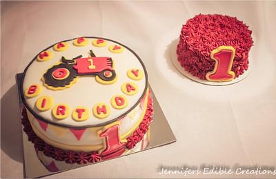 Tractor themed First Birthday Cake with matching Baby Smash Cake - Cake by Jennifer's Edible Creations