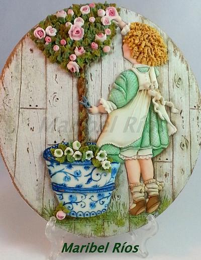 Niña podando rosal/pruning rose girl - Cake by Maribel Ríos
