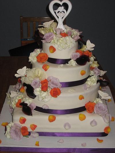 Fresh Flower Wedding Cake - Orange, Plum Colors - Cake by Kristen